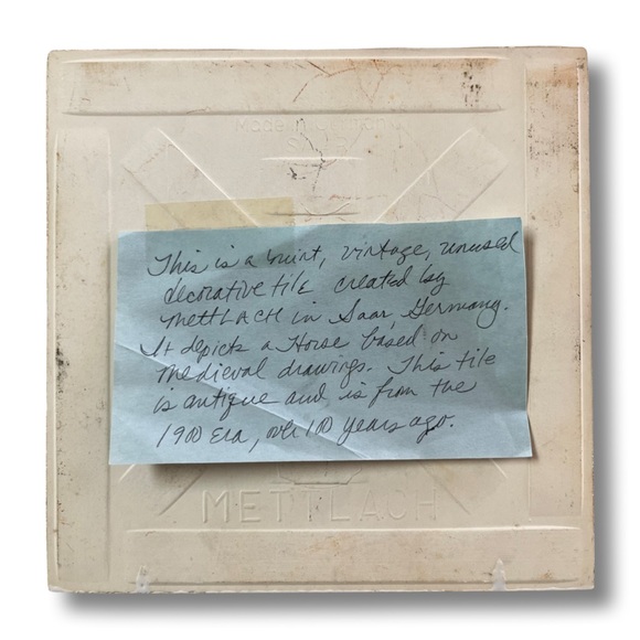 Mettlach Antique Pottery Tile Made in Saar Germany Black & White Medieval Horse - Picture 3 of 3